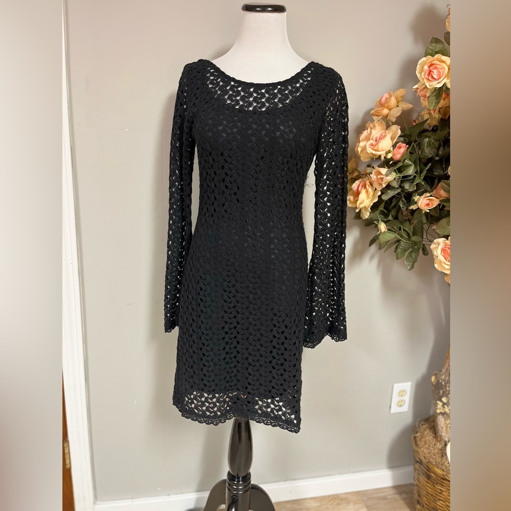 Free People Black Sheath Dress with Bell Sleeves